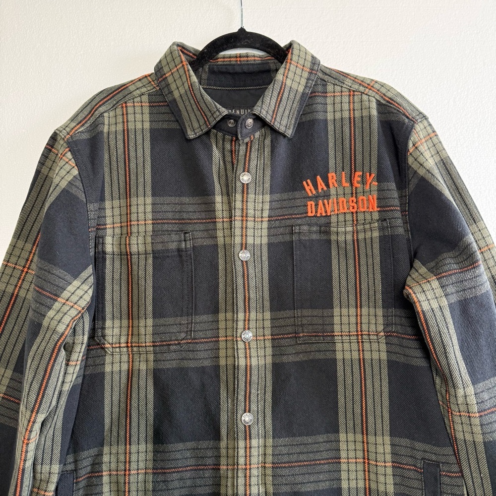 Harley Davidson Flannel Plaid Shirt Jacket Men Size L Cotton Button Up Green - Picture 4 of 16